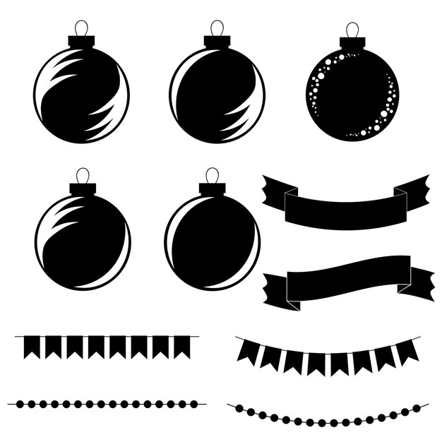 Ensemble De Boules D'arbre De Noël Plat Noir Et Blanc Isolé, Rubans Et Guirlandes.