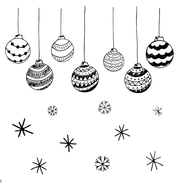Ensemble de boules dessinées à la main de Noël noir et blanc de griffonnage de vecteur