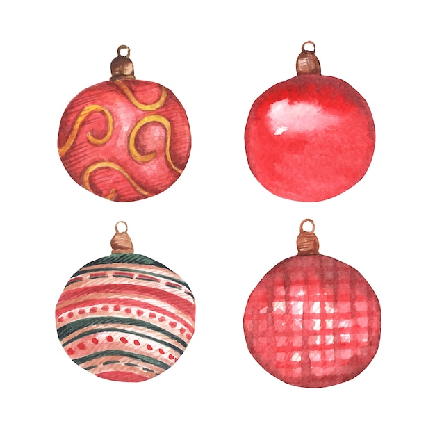 Ensemble De Boules De Noël En Rouge Avec Des Motifs.