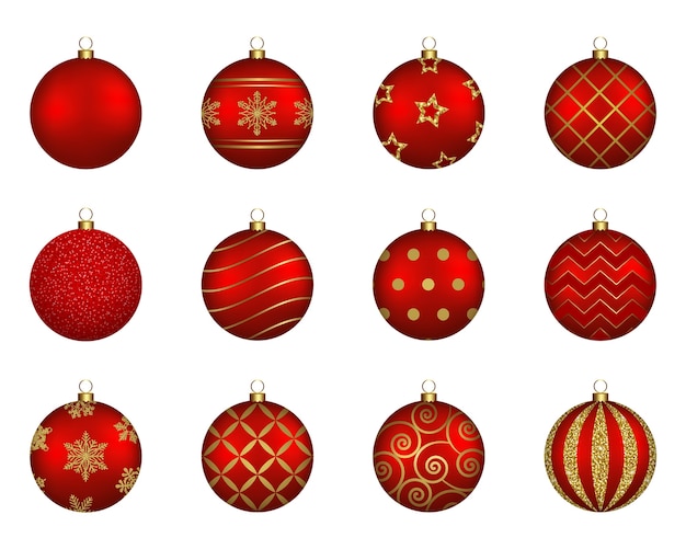 Ensemble De Boules De Noël Rouges Et Or Isolé Sur Blanc