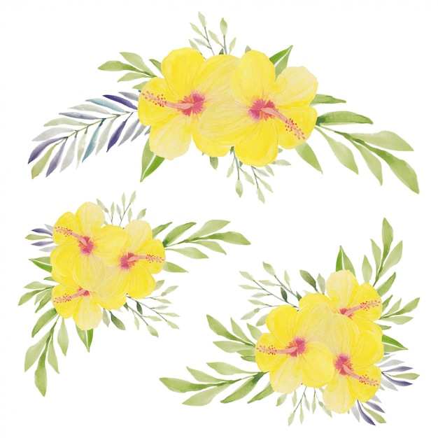 Ensemble de bouquet de fleurs d'hibiscus jaune peint à la main aquarelle