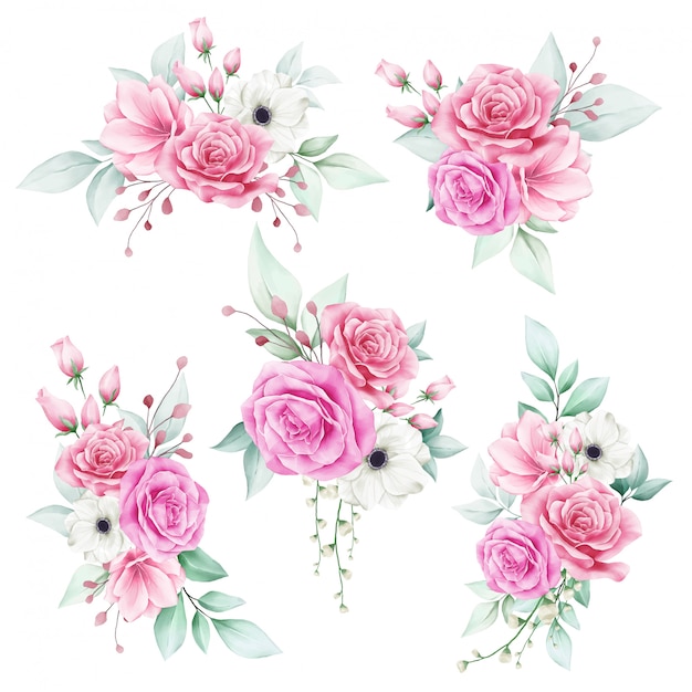 Vecteur ensemble de bouquet floral aquarelle romantique