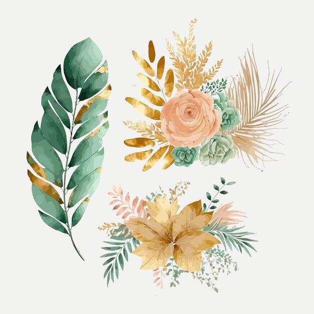 Ensemble de bouquet floral tropical aquarelle feuilles d'or vert blush fleurs Modèle d'éléments décoratifs Illustration de dessin animé plat isolé sur fond blanc