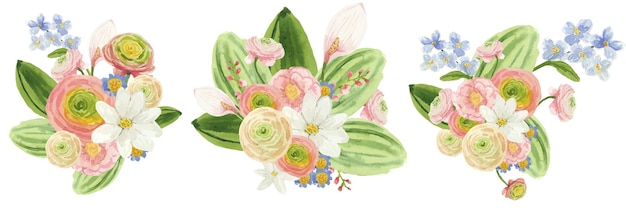 Ensemble de bouquets de fleurs aquarelles avec des fleurs et des feuilles rose clair