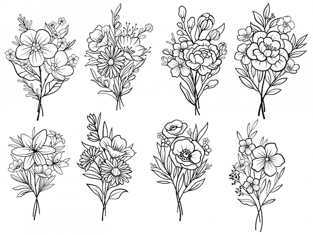 Ensemble de bouquets de fleurs. Ekibana floral. Illustration sur un fond blanc.