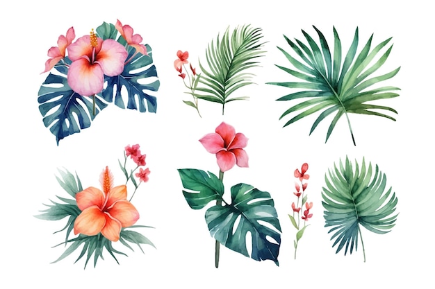Vecteur ensemble de bouquets de plantes tropicales aquarelle illustration vectorielle plane isolée sur fond blanc