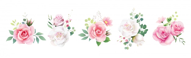 Ensemble de bouquets de roses florales pour invitation de mariage ou carte de voeux.