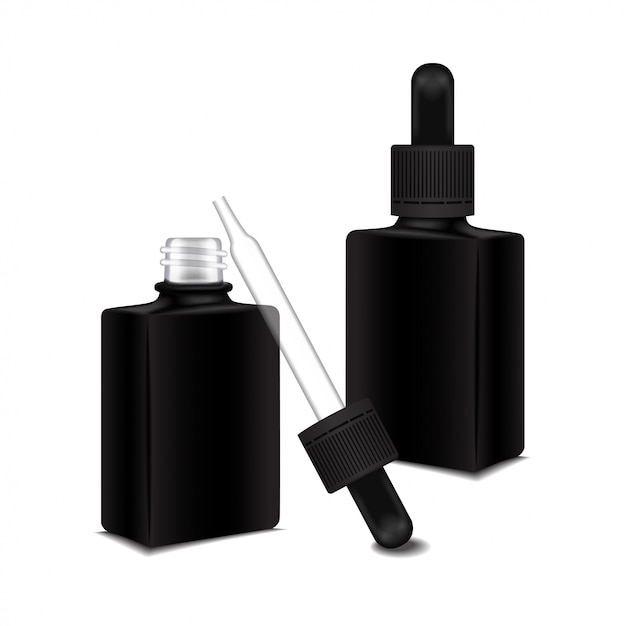 Ensemble De Bouteille Carrée Noire Fermée Et Ouverte Avec Un Bouchon Compte-gouttes Pour Huile Essentielle. Bouteille Cosmétique Ou Bouteille Médicale, Flacon, Illustration De Bouteille