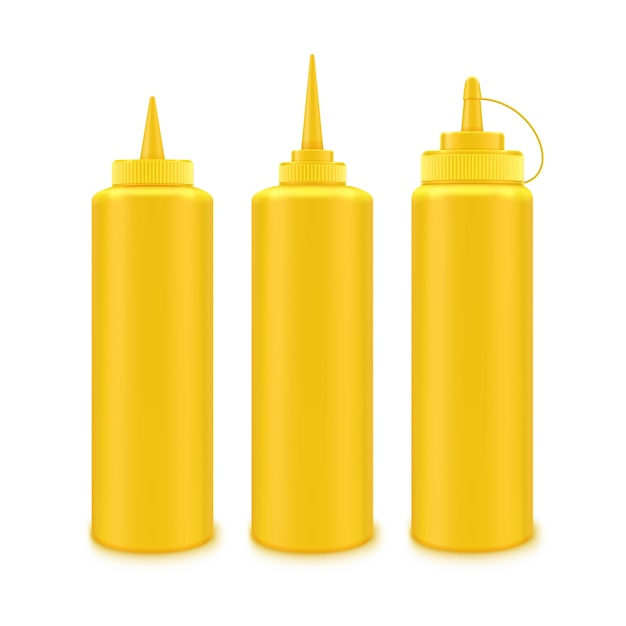 Ensemble De Bouteille De Moutarde Jaune En Plastique Vierge Pour La Marque Sans étiquette Sur Fond Blanc