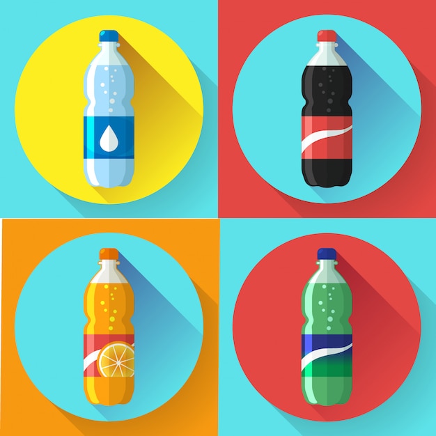 Ensemble De Bouteille En Plastique De Photos De Coca Cola, Sprite, Illustration Vectorielle Plate Fantaisie Soda à L'orange