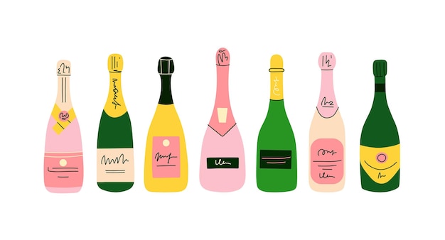 Vecteur ensemble de bouteilles de champagne vin rose moderne de dessin animé doodle dessin carte ou affiche contemporaine boisson alcoolisée pour la célébration du mariage et de l'anniversaire du nouvel an ensemble isolé de vecteur de boisson de fête