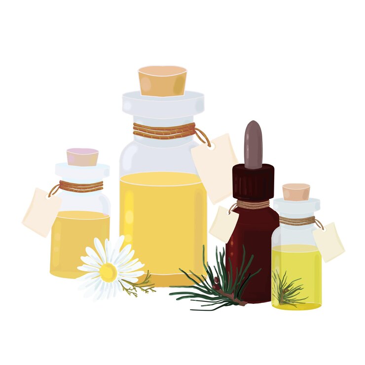 Vecteur ensemble de bouteilles cosmétiques en verre avec de l'huile et des étiquettes vecteur de camomille d'huile aromatique de pin