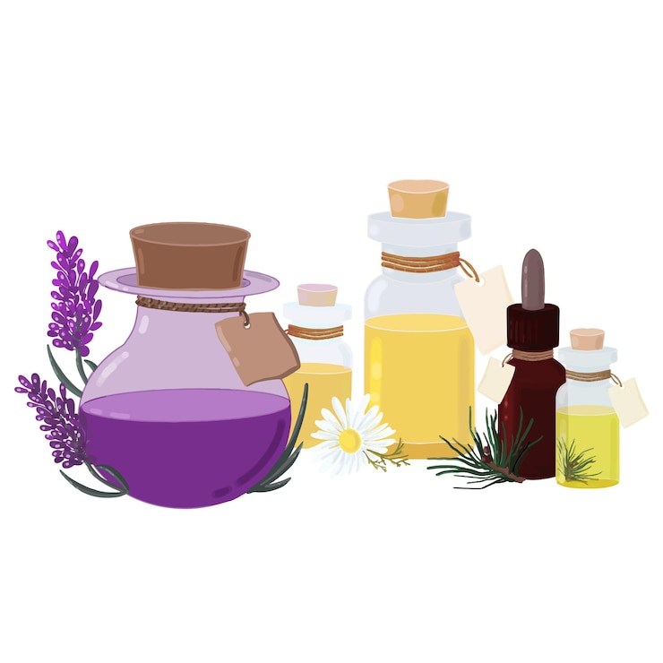 Vecteur ensemble de bouteilles cosmétiques en verre avec de l'huile et des étiquettes vecteur d'huile aromatique de camomille de lavande de pin
