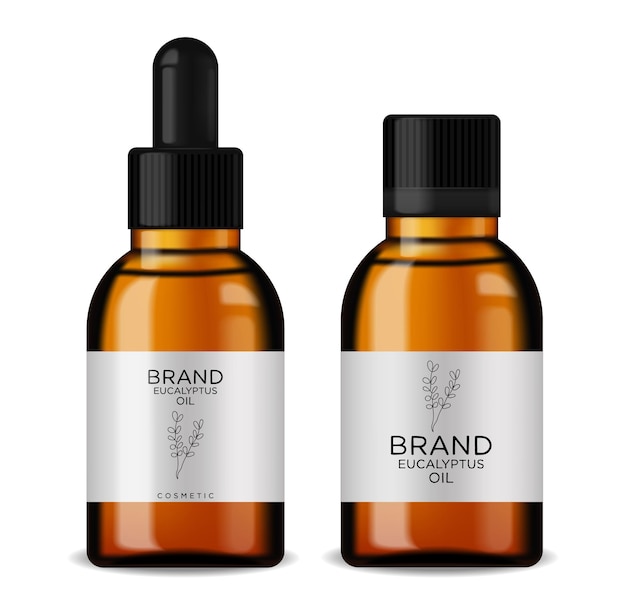 Ensemble de bouteilles d'huile cosmétique, bouteille en verre cosmétique avec compte-gouttes. Essentiel liquide, sérum eucalyptus