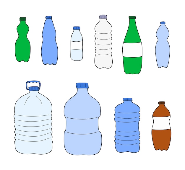 Vecteur ensemble de bouteilles en plastique dessinées à la main