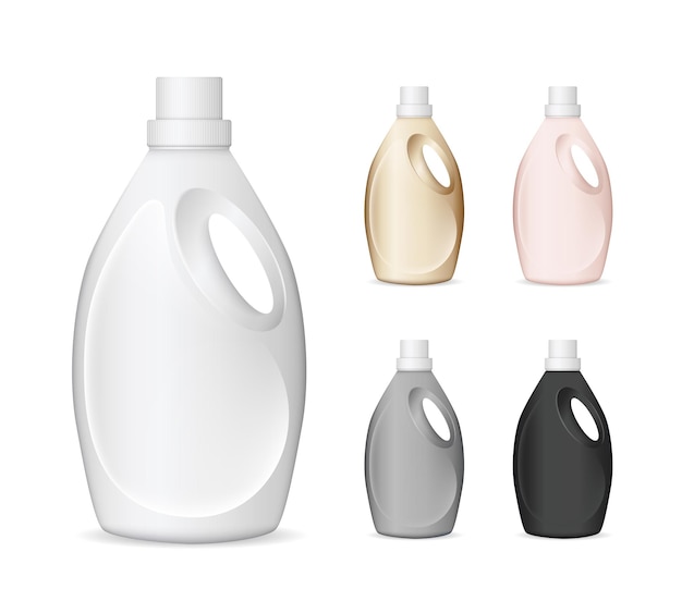 Vecteur ensemble de bouteilles en plastique réalistes de différentes couleurs pour détergent à lessive liquide, eau de javel, etc.