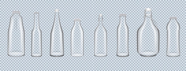 Vecteur ensemble de bouteilles en verre réalistes pour le stockage et le transport d'alcool liquide et de boissons alcoolisées non alcoolisées