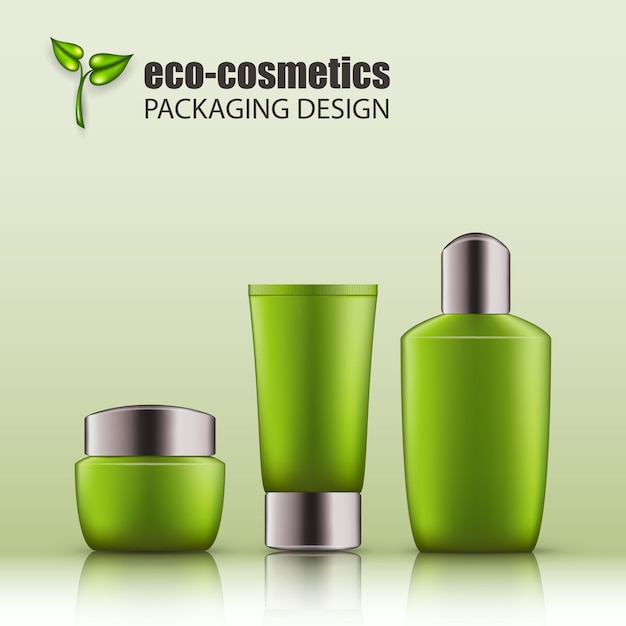 Vecteur ensemble de bouteilles en verre vert réalistes avec bouchon argenté pour éco-cosmétique