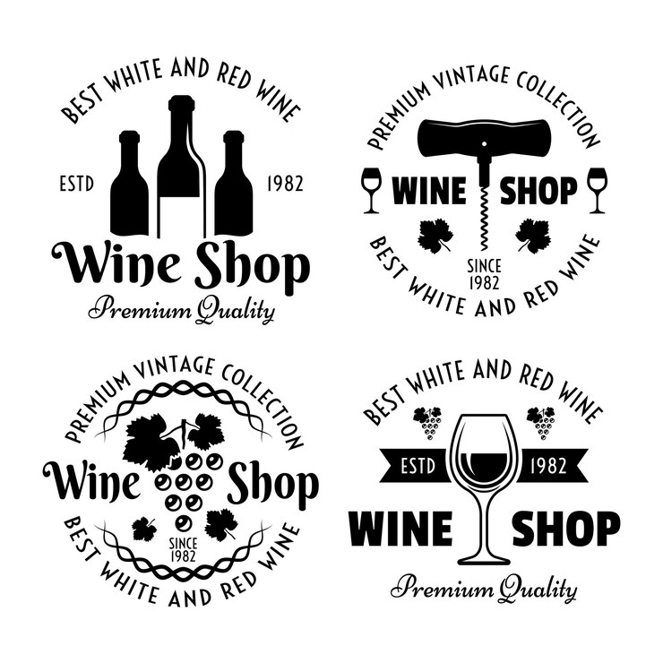 Ensemble de boutique de vin de quatre emblèmes vintage vectoriels étiquettes badges ou logos isolés sur fond blanc