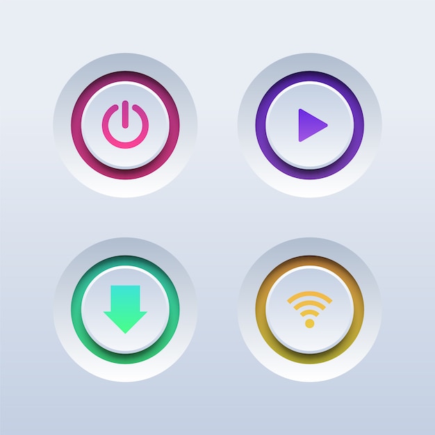Vecteur ensemble de boutons 3d colorés. boutons power, play, download et wifi.