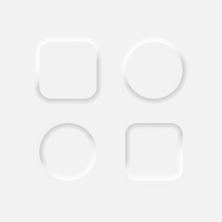 Vecteur ensemble de boutons carrés et ronds neumorphes. formes géométriques blanches dans un style 3d doux et tendance avec ombre. illustration vectorielle eps 10