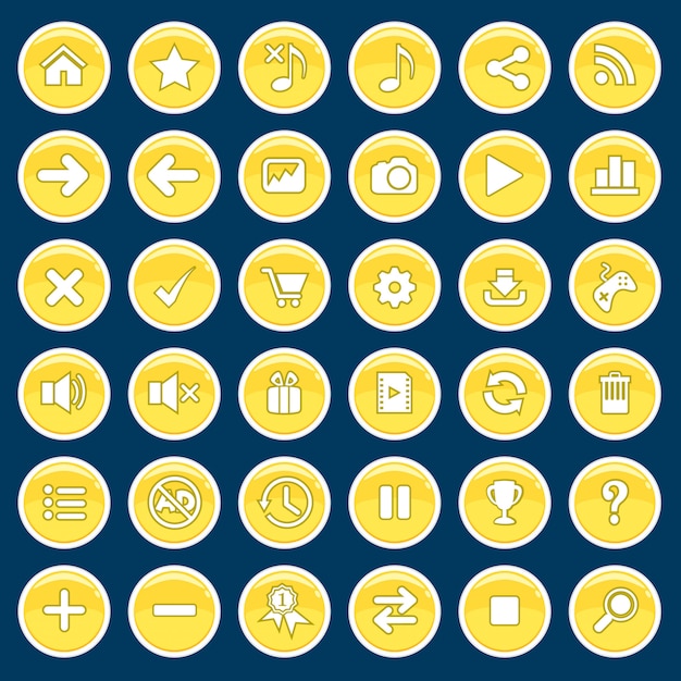 Ensemble de boutons de dessin animé de jeu Style brillant jaune brillant.