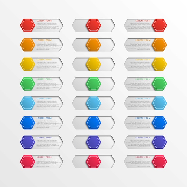 Ensemble De Boutons Hexagonaux D'interface De Commutateur Multicolore Avec Des Zones De Texte. Diapositive Infographique Réaliste 3d