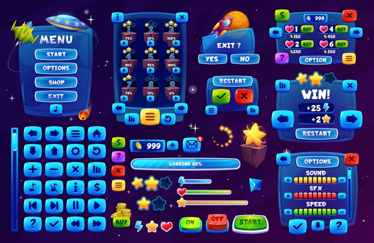 Vecteur ensemble de boutons de jeu d'interface utilisateur d'interface de jeu spatial galaxy