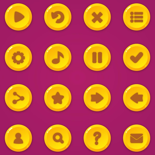 Ensemble de boutons ronds en style cartoon. Boutons ronds pour l'interface utilisateur du jeu. Kit de boutons de jeu