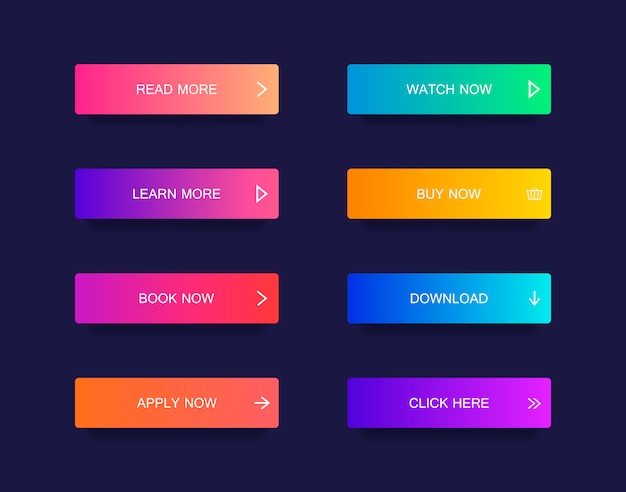 Ensemble de boutons de style matériel moderne pour site Web, application mobile et infographie. Différentes couleurs dégradées.