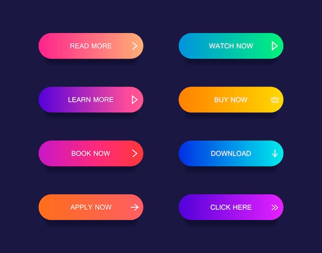 Ensemble de boutons de style matériel moderne pour site Web, application mobile et infographie. Différentes couleurs dégradées.