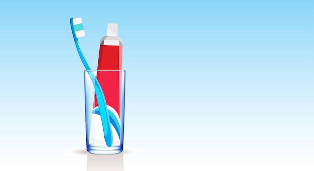 Ensemble d'une brosse à dents bleue et d'un dentifrice dans un tube médical dans un bécher en verre sur un fond dégradé bleu. Copiez l'espace. Illustration vectorielle