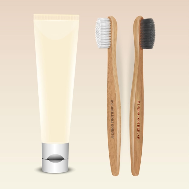 Ensemble De Brosses à Dents Et Dentifrices En Bambou Respectueux De L'environnement Isolés Sur Blanc Produit De Beauté De Salle De Bain Biologique Naturel Zéro Déchet Et Concept Sans Plastique écologique Vivant Illustration Vectorielle Plate