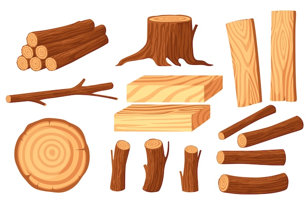 Vecteur ensemble de bûches de bois pour l'industrie du bois d'oeuvre avec tronc tronc et planches illustration plat isolé sur fond blanc