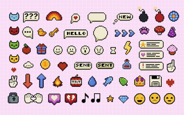 Ensemble de bulles et d'icônes de discours pixel art Wow Surprise Bang Bomb Style de jeu rétro