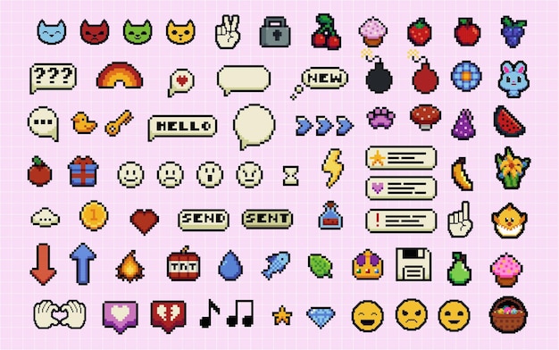 Ensemble de bulles et d'icônes de discours pixel art Wow Surprise Bang Bomb Style de jeu rétro