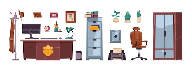 Ensemble de bureau de détective Éléments intérieurs du service de police enquêteur éléments du lieu de travail tableau d'indice de bureau avec preuve style plat collection de dessins animés vectoriels