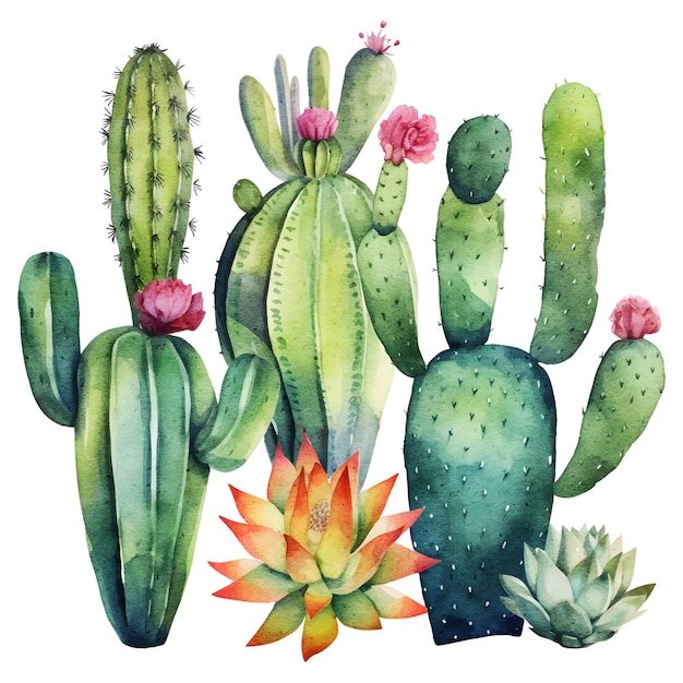 Vecteur ensemble de cactus aquarelle