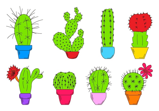 Ensemble De Cactus Colorés Dans Des Pots Avec Contour