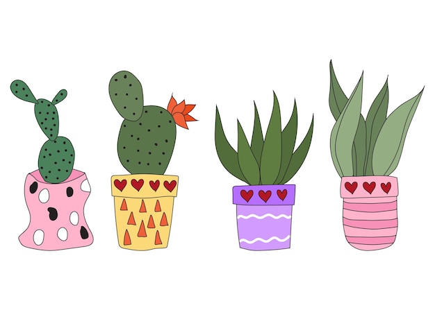 Ensemble De Cactus Doodle Mignon Dans Des Pots Illustration Vectorielle Avec De Jolies Plantes D'intérieur Ensemble De Plantes