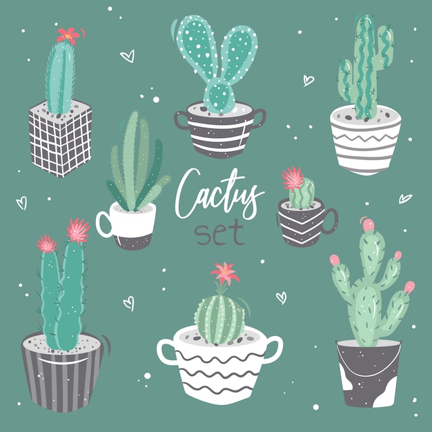 Ensemble De Cactus Mignons, Une Collection De Cactus Avec Des Fleurs. éléments Naturels Décoratifs En Style Cartoon