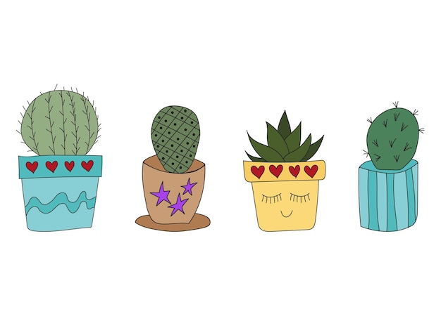 Ensemble De Cactus Mignons Doodle En Pots Illustration Vectorielle Avec De Jolies Plantes D'intérieur Ensemble De Plantes En Pots