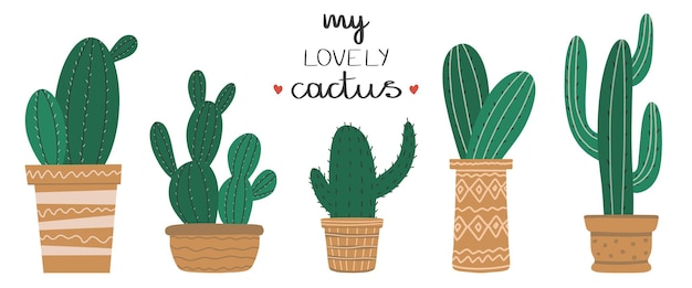 Ensemble De Cactus Poussant Dans Des Jardinières Magnifiques Décorations Naturelles Pour La Maison Illustration Vectorielle Colorée