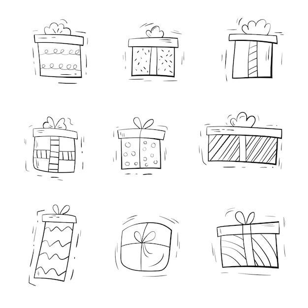 Vecteur ensemble de cadeaux dans un style dessiné à la main doodle pour les célébrations