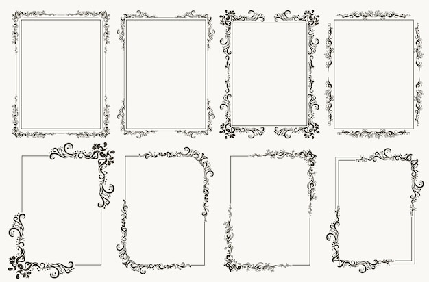 Vecteur ensemble de cadre calligraphique. cadres ornés de coins de bordures pour certificat, décoration florale classique, cadres vintage avec tourbillon et défilement élégants. éléments en filigrane fleuris d'angle. modèle vectoriel