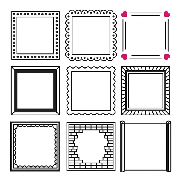 Ensemble de cadre de carrés noirs simples et illustration de bordure dans le style de croquis de doodle.