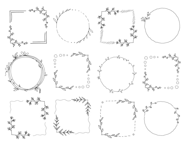 Ensemble De Cadre Vide Floral Carré Et Circulaire Avec Des Branches Et Des Fleurs Herbes Ou Fleurs élégantes Ensemble De Bordures De Contour Botanique Vectoriel