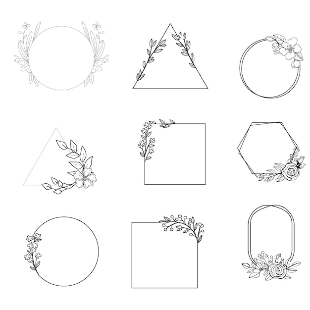 Ensemble de cadres botaniques monochromes avec feuilles et baies couronne de bord florale vectorielle pour invitati