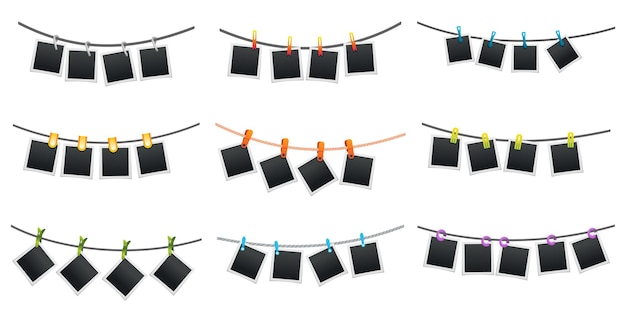Ensemble de cadres photo suspendu à une corde attachée avec des épingles à linge ou une pince à linge Icônes de cartes photo instantanées vierges isolées sur fond blanc