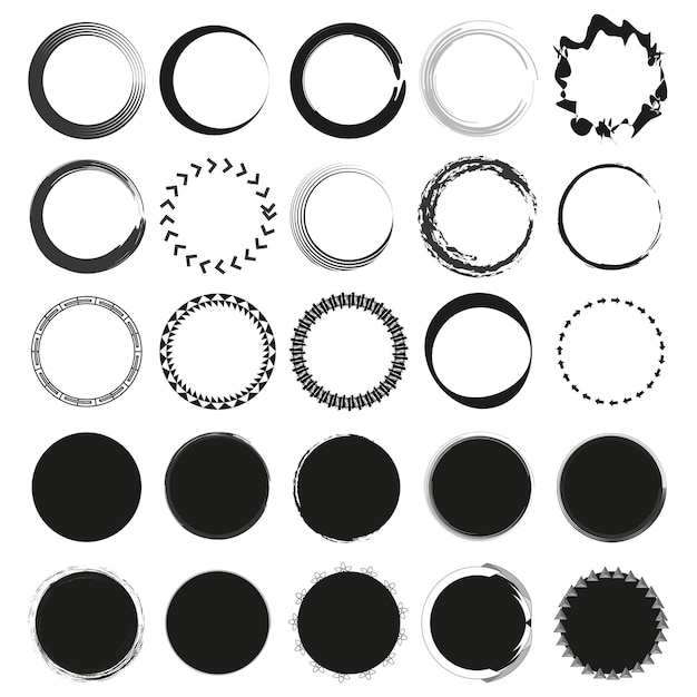 Vecteur ensemble de cadres vectoriels circulaires traits de pinceau noirs et blancs frontières géométriques et organiques